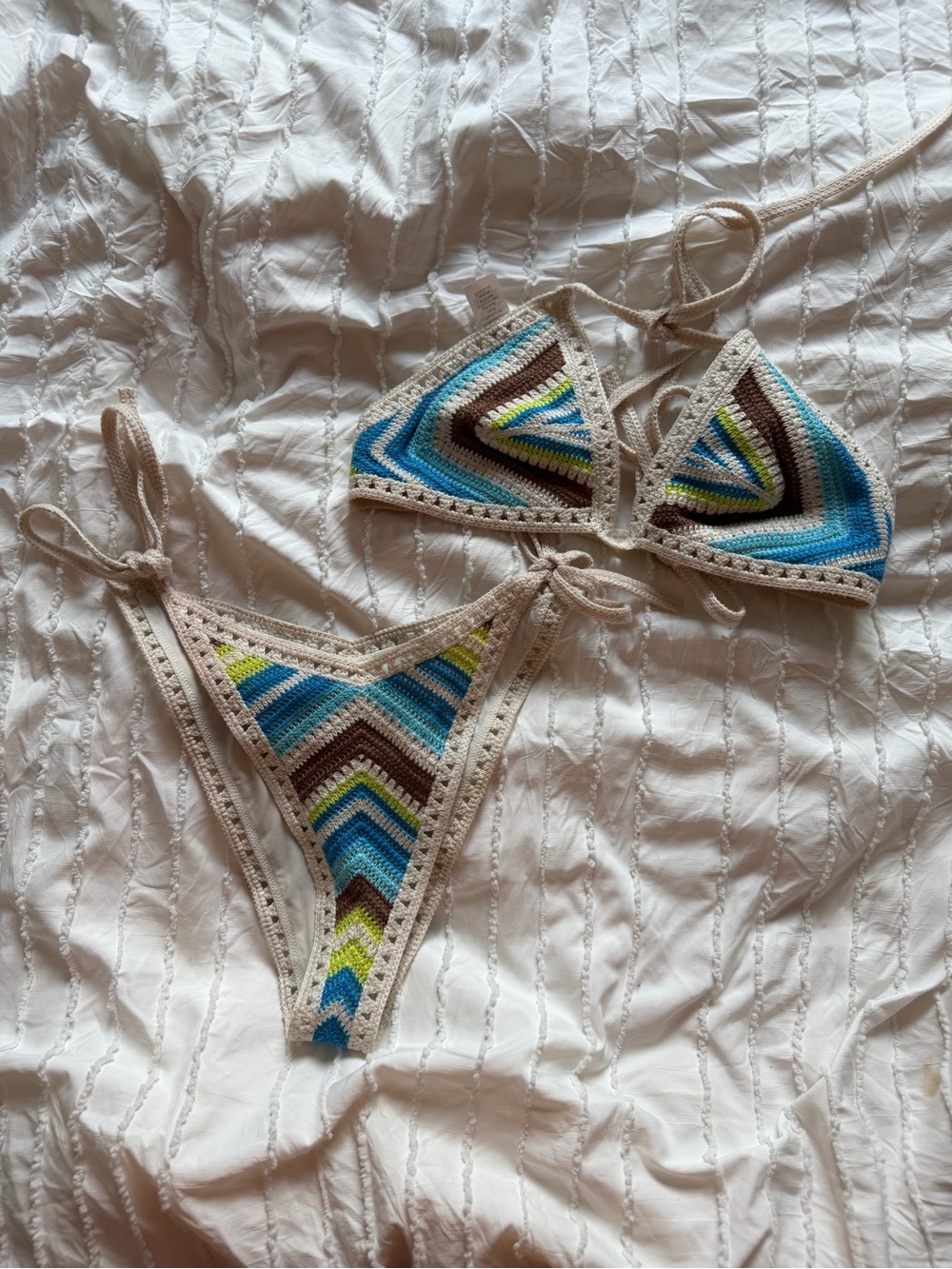 aerie Crochet Triangle Bikini Set in Blue, Green & Brown